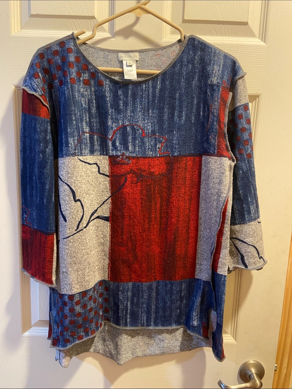 Multiples Red, Blue and Gray Patchwork Knit Tunic